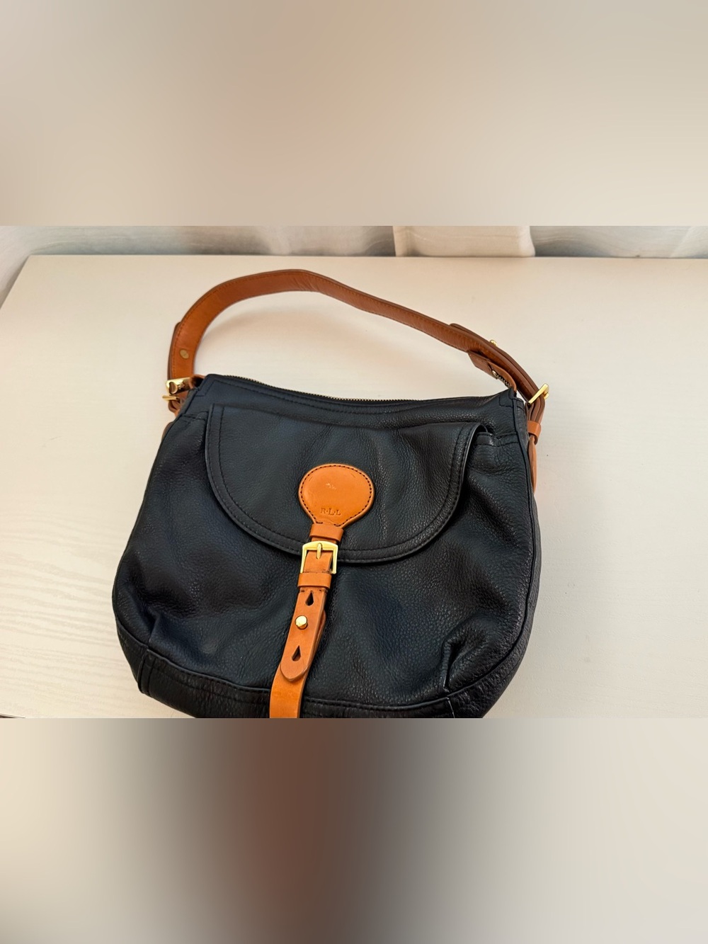 VintageRalph Lauren Black Leather Shoulder Bag with Brown Trim and Gold Hardware